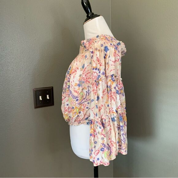 Free People Boho Off Shoulder Bell Sleeve Smocked Floral Blouse - Picture 11 of 14